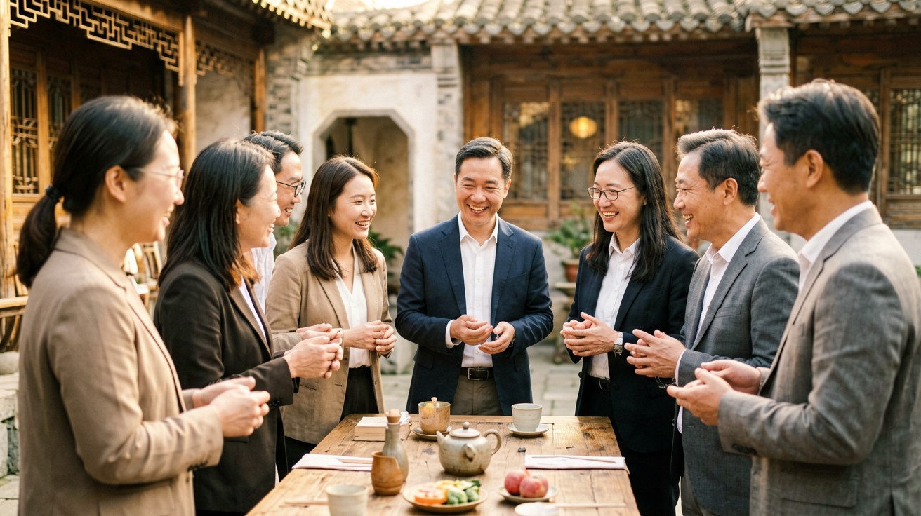 International professionals at a cultural exchange gathering in a Chinese courtyard