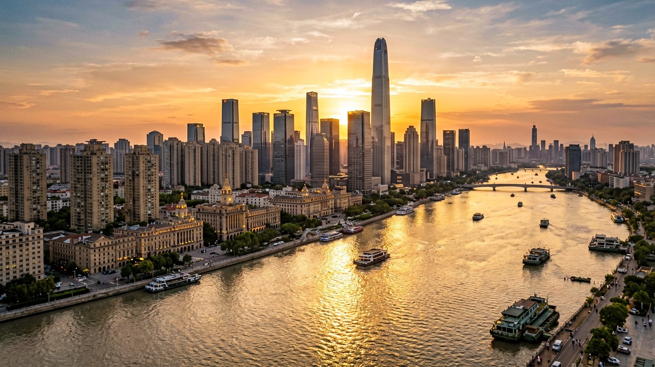 Tianjin skyline at golden hour along the Haihe River