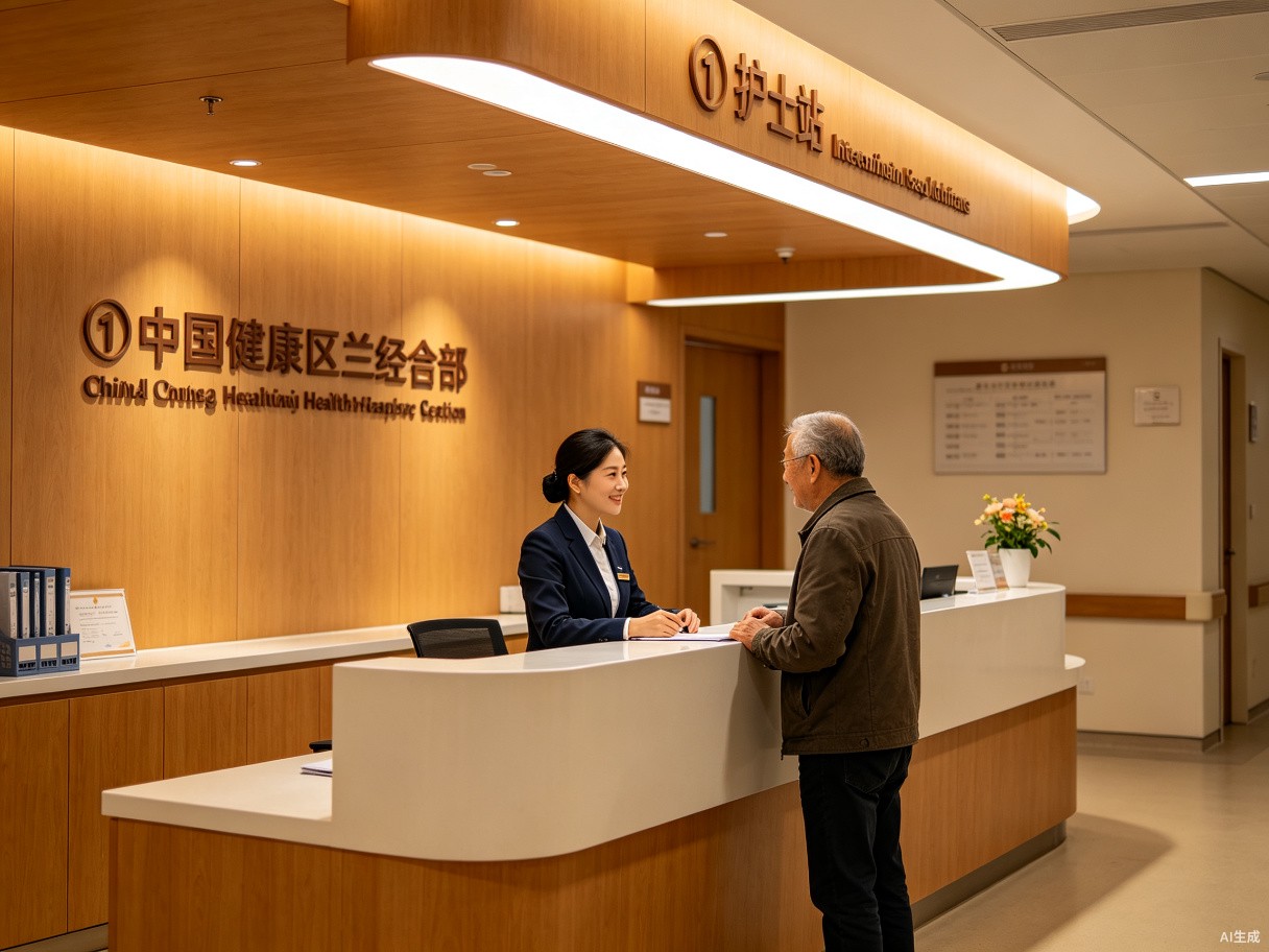 Modern hospital consultation room in Tianjin where a bilingual coordinator assists an international patient