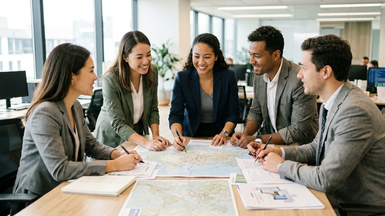 Bilingual team members collaborating during an international cultural exchange session