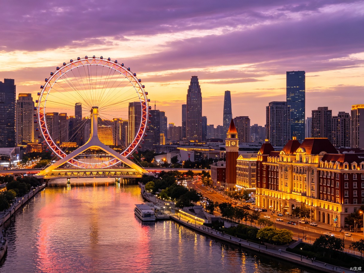 Tianjin Eye ferris wheel and city skyline at dusk